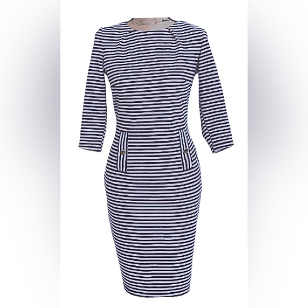 NINA LEONARD NAVY STRIPED DRESS