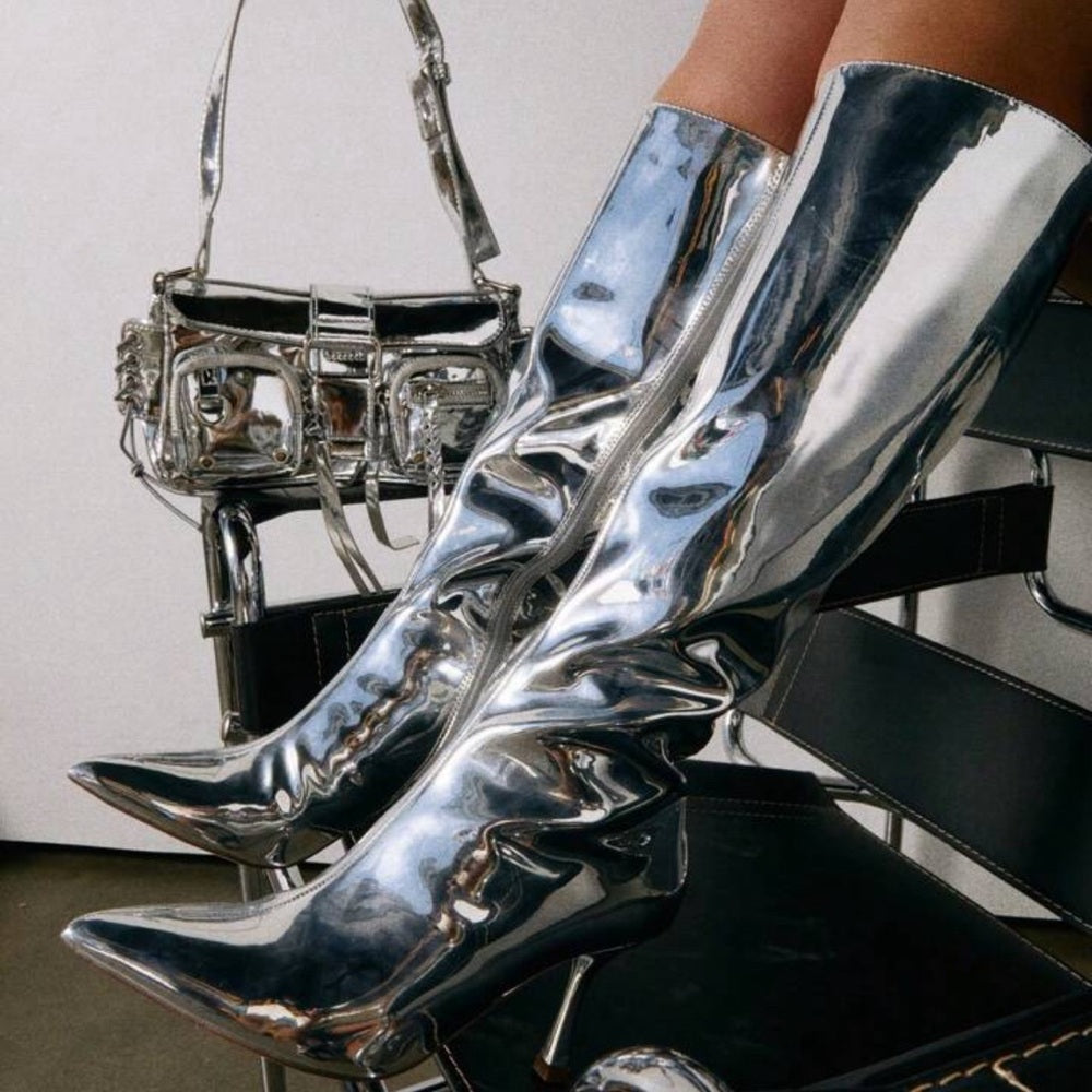 SILVER KNEE HIGH STILETTO BOOTS