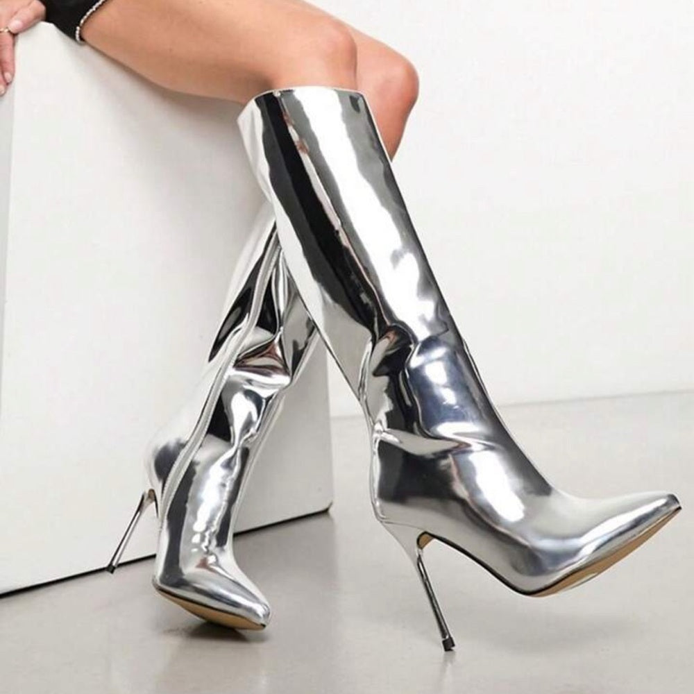 SILVER KNEE HIGH STILETTO BOOTS