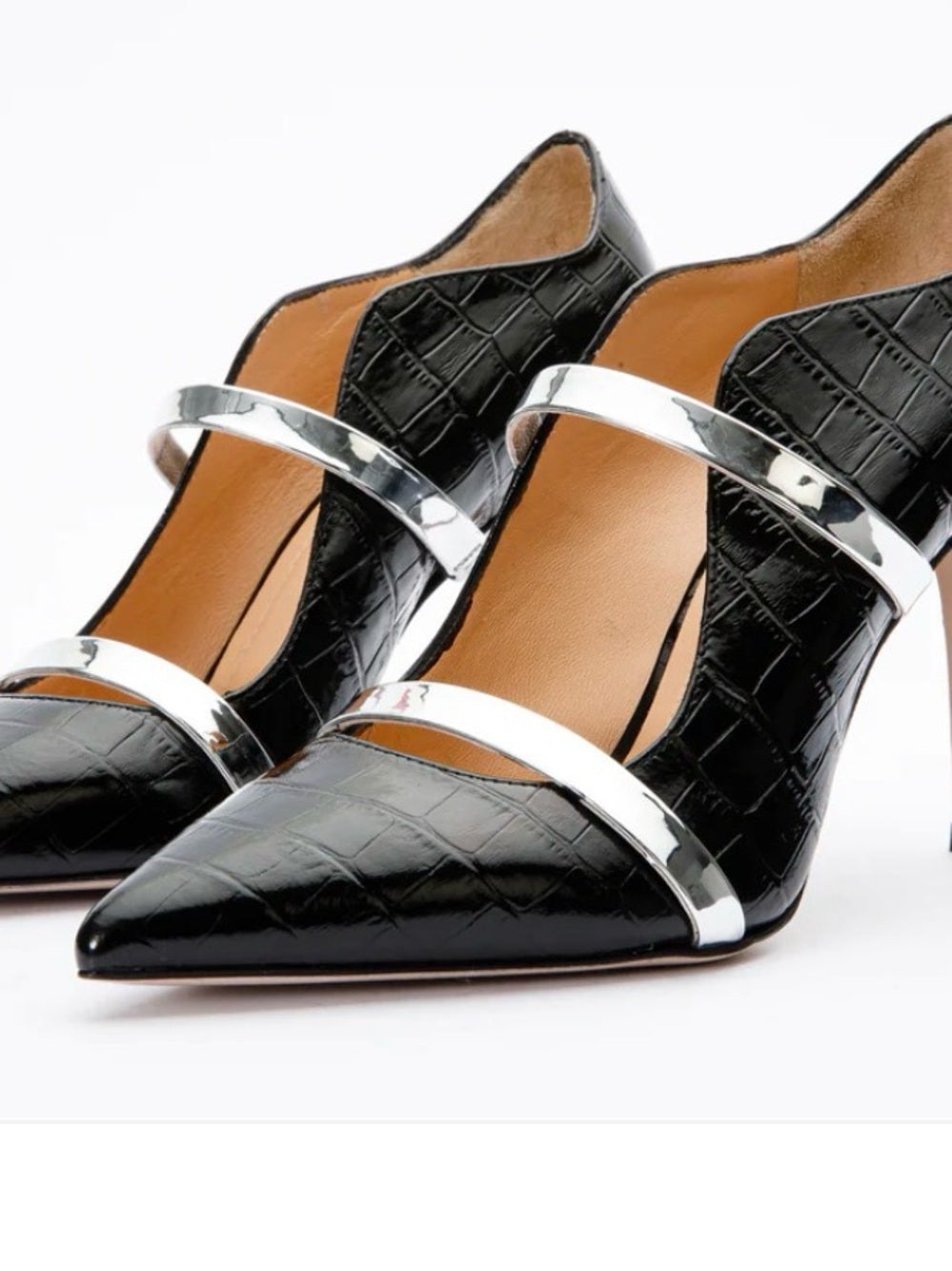 VINCI Annapolis Black Patent Leather Heels | Croc Embossed Silver Strap Pumps