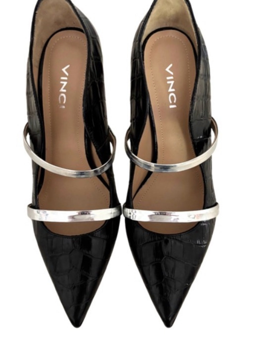 VINCI Annapolis Black Patent Leather Heels | Croc Embossed Silver Strap Pumps