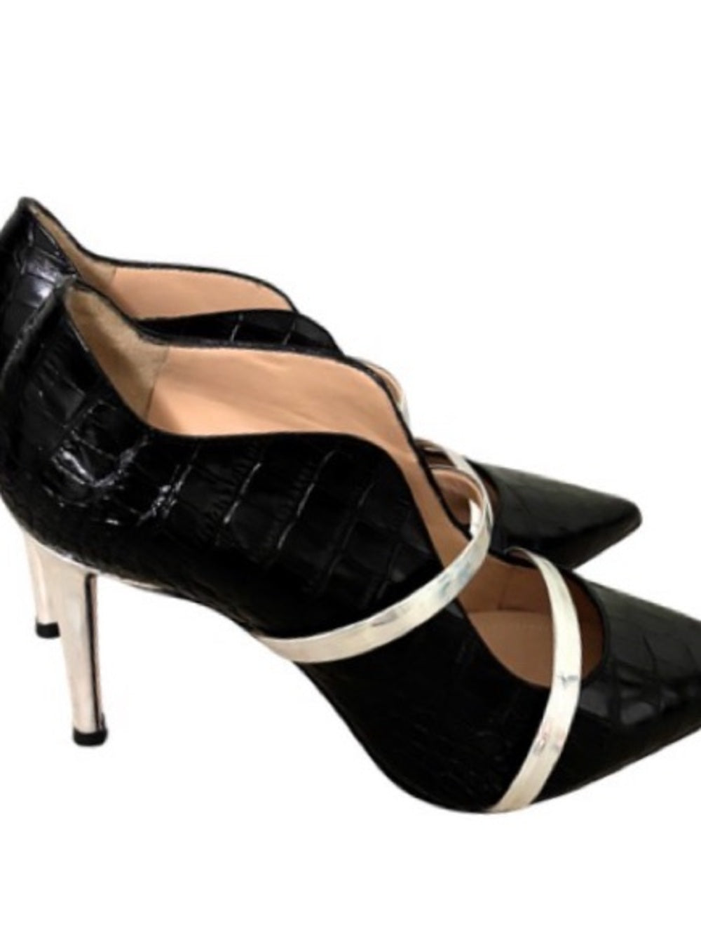 VINCI Annapolis Black Patent Leather Heels | Croc Embossed Silver Strap Pumps