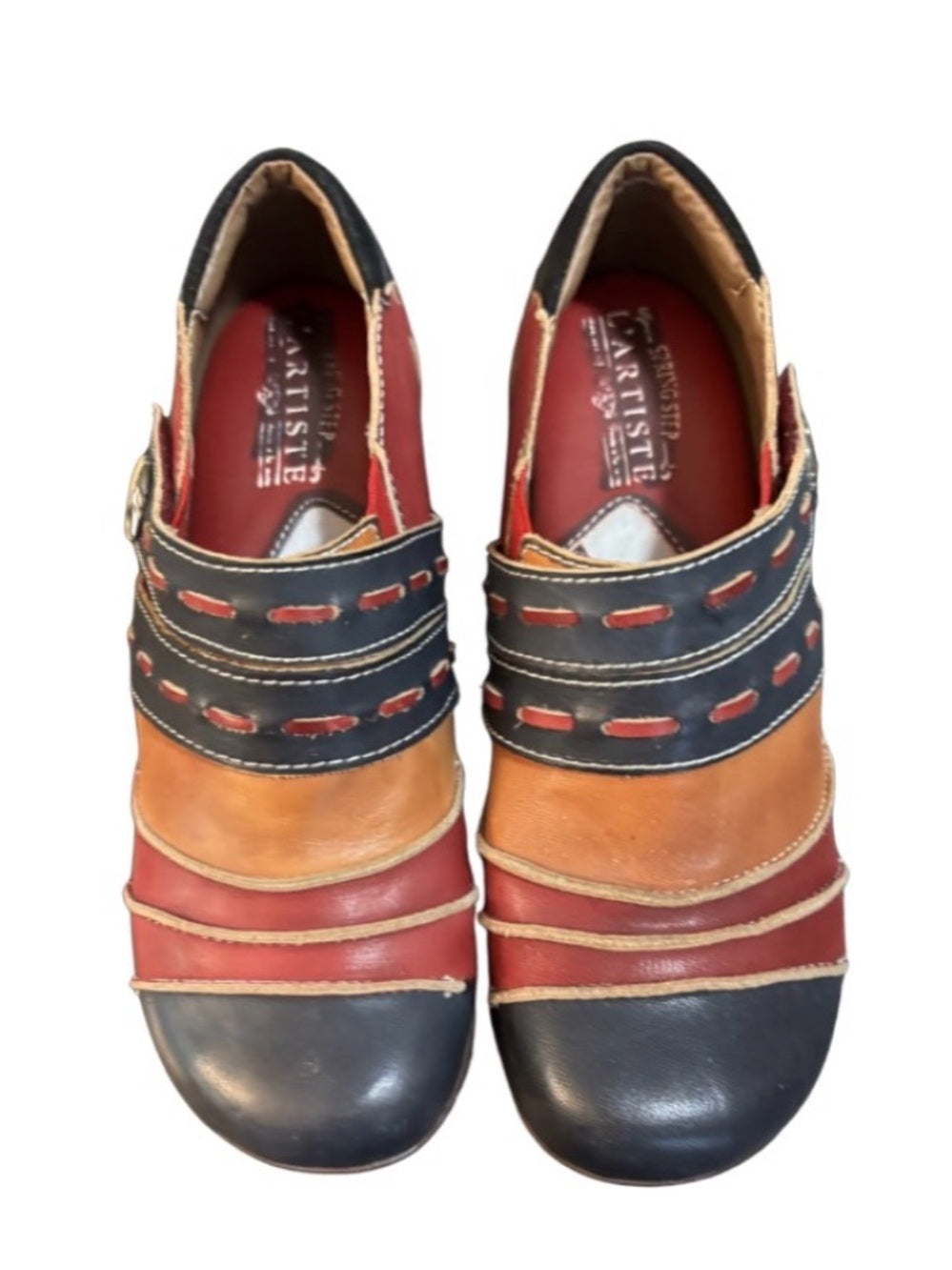 Women’s Colorblock Leather Clog Mules in Red, Black & Tan