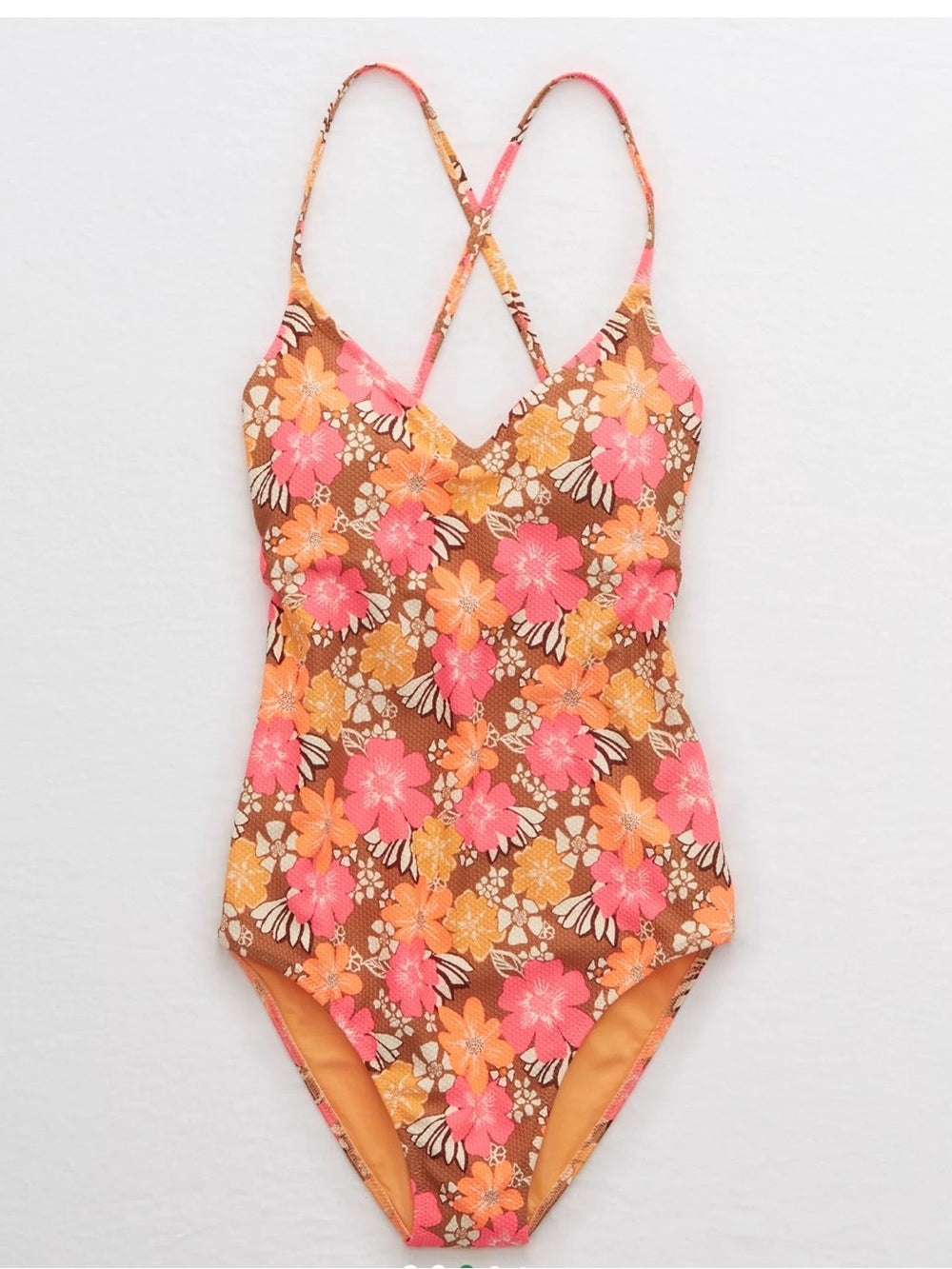 Aerie Pique Strappy Back Floral Pink & Orange One-Piece Swimsuit