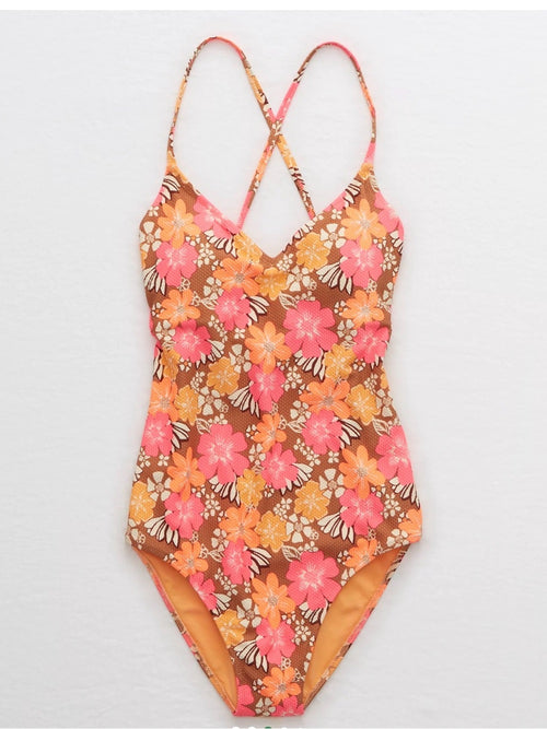 Aerie Pique Strappy Back Floral Pink & Orange One-Piece Swimsuit
