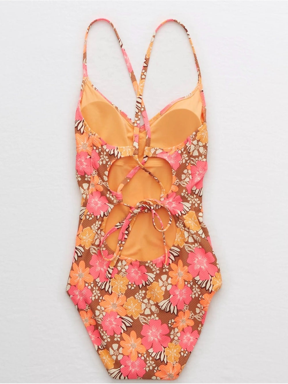 Aerie Pique Strappy Back Floral Pink & Orange One-Piece Swimsuit