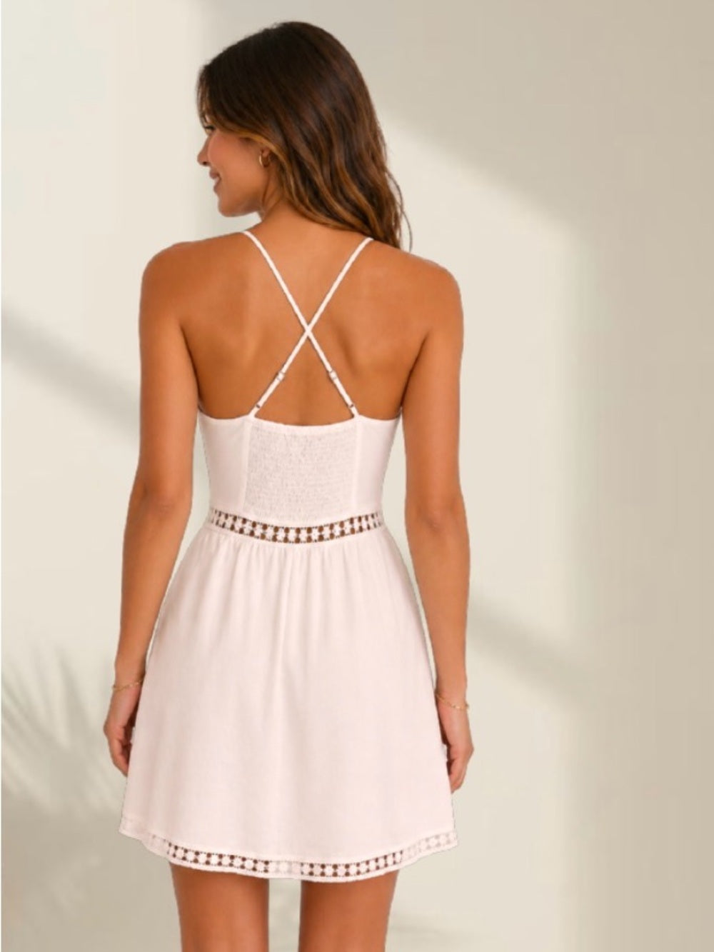 Crochet-Trim Cream Colored Halter Mini Dress