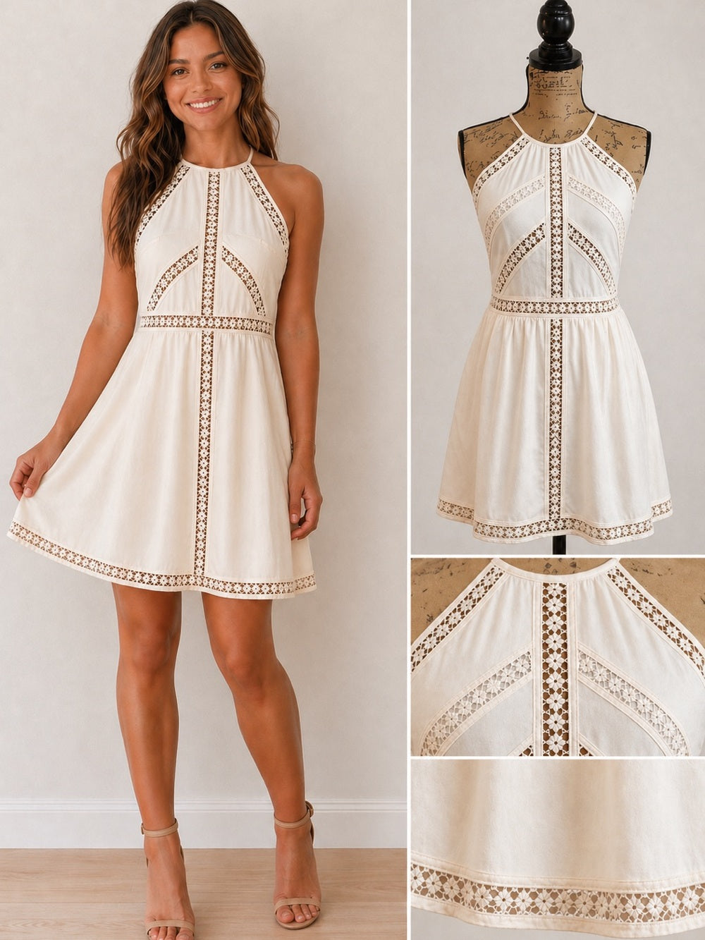 Crochet-Trim Cream Colored Halter Mini Dress