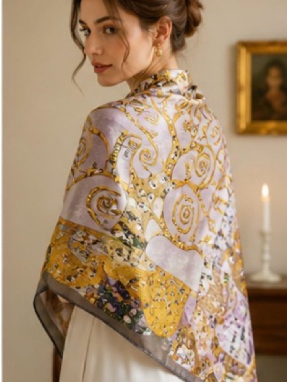 Tree of Life Satin Scarf in Gold & Cream