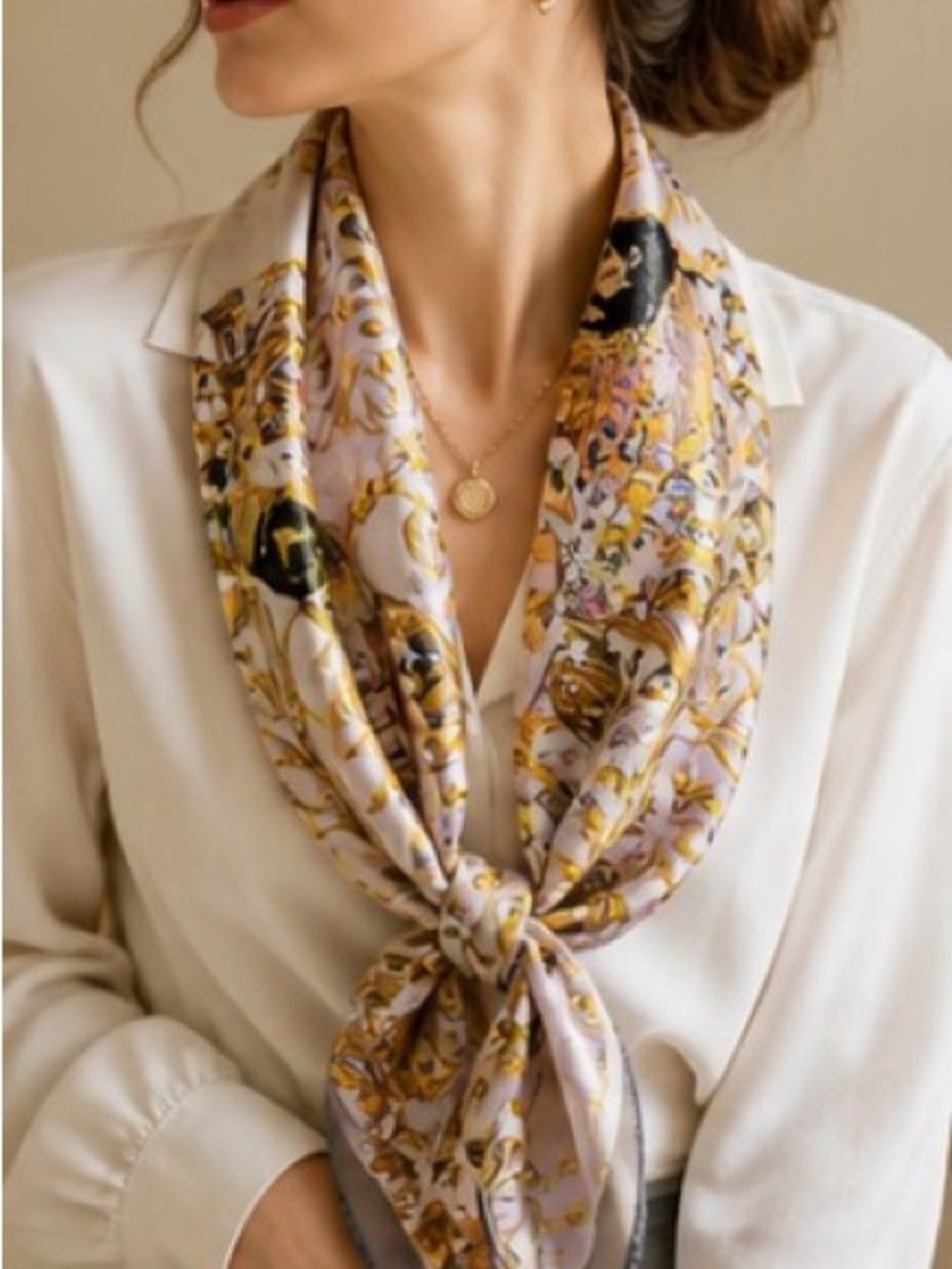 Tree of Life Satin Scarf in Gold & Cream