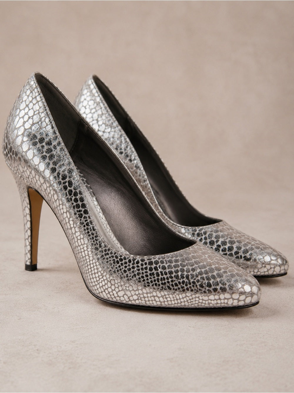 White House Black Market Metallic Silver Snake-Embossed Pointed Pumps