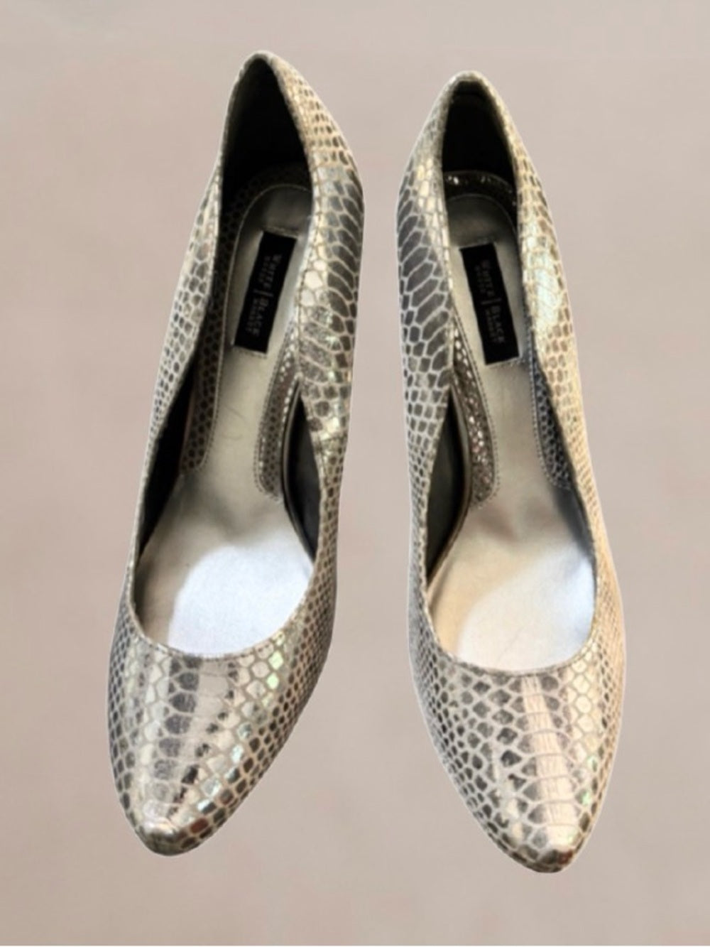 White House Black Market Metallic Silver Snake-Embossed Pointed Pumps