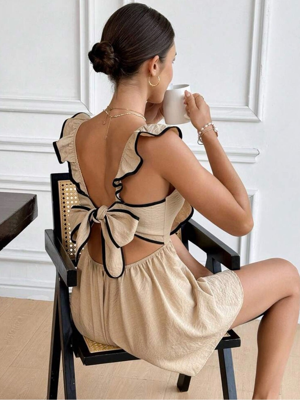 SHEIN Beige Mini Dress with Black Trim Bow Back