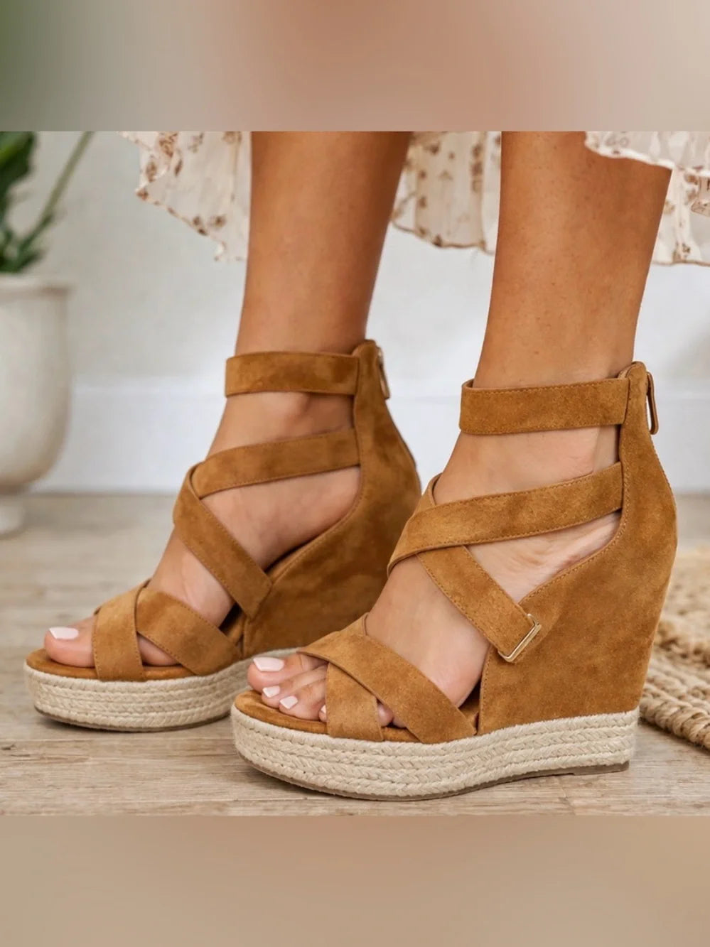 BCBG Jaida Dream Espadrille Wedge Suede with Ankle Straps