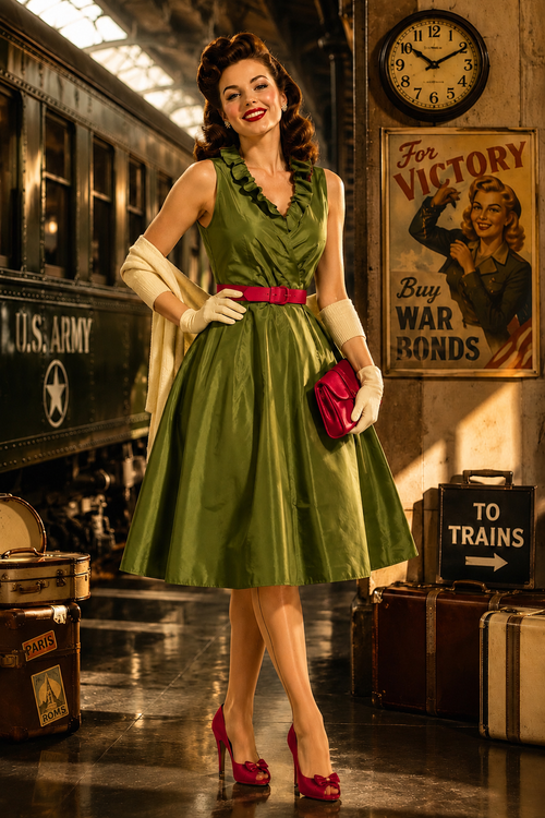 1940s Olive Green Vintage Glam Dress